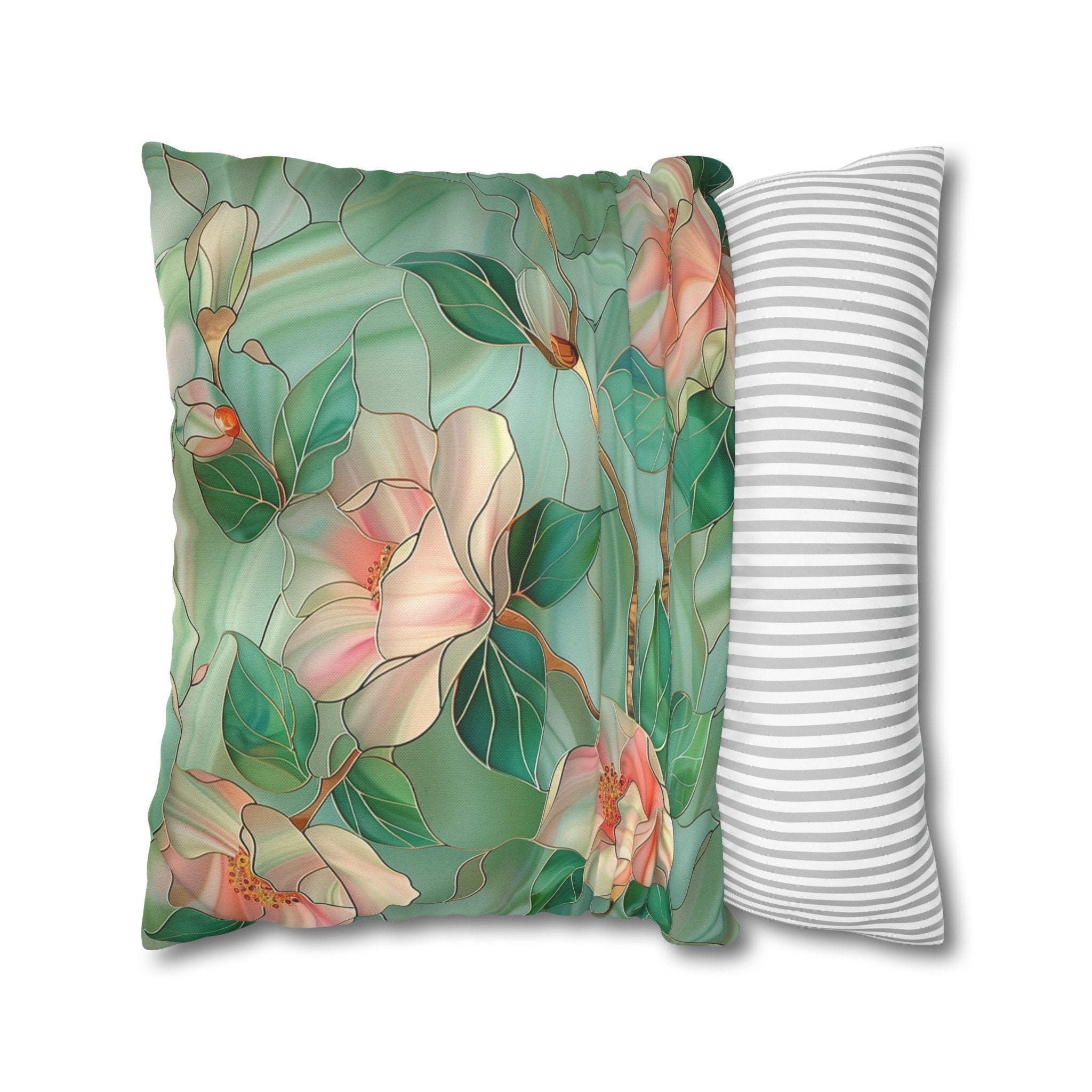 Luminous Green Chinoiserie Pillow Cover: Pink Magnolia Stained Glass Art for Home Decor
