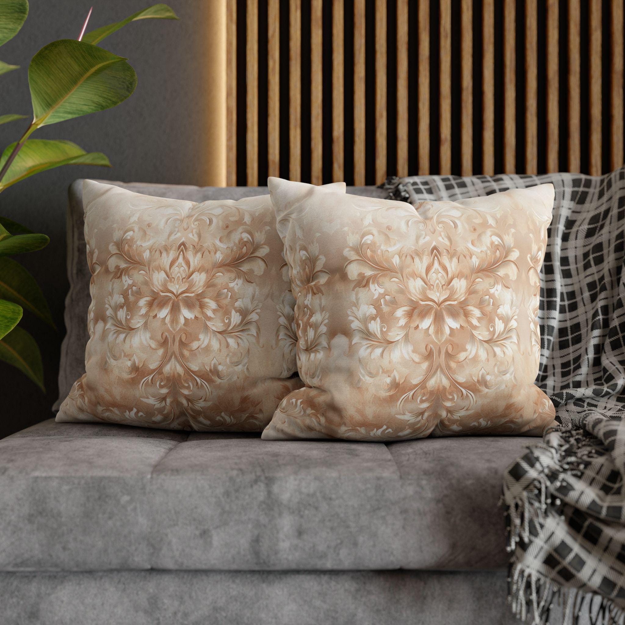 Damask Floral Pillow Cover: Beige Cream Caramel Spun Polyester