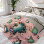 Romantic Floral Heart Wreath Fleece Blanket: Teal & Blush Pink Throw for Cozy Home Decor