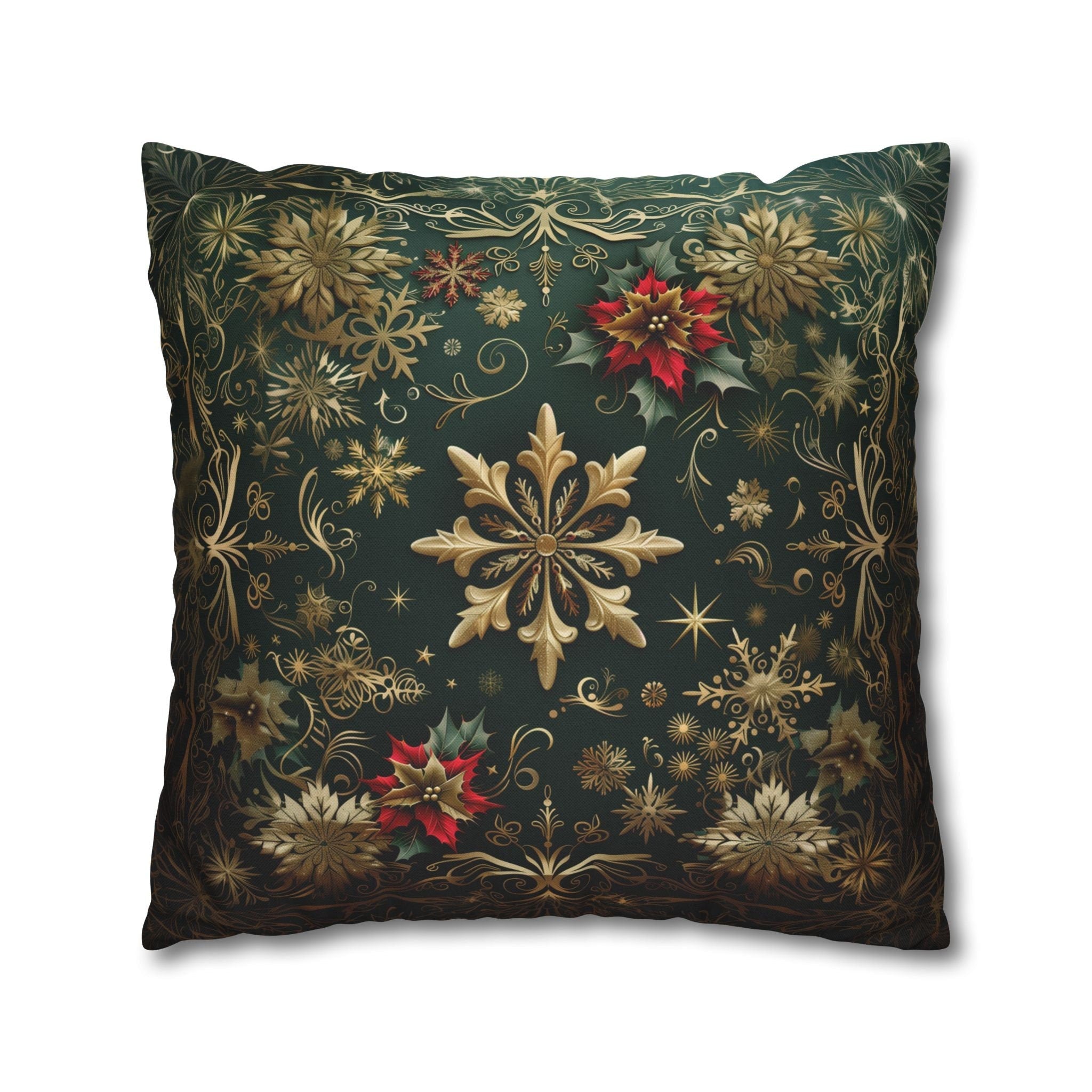 Gold Snowflake Emerald Green Holiday Pillow Cover