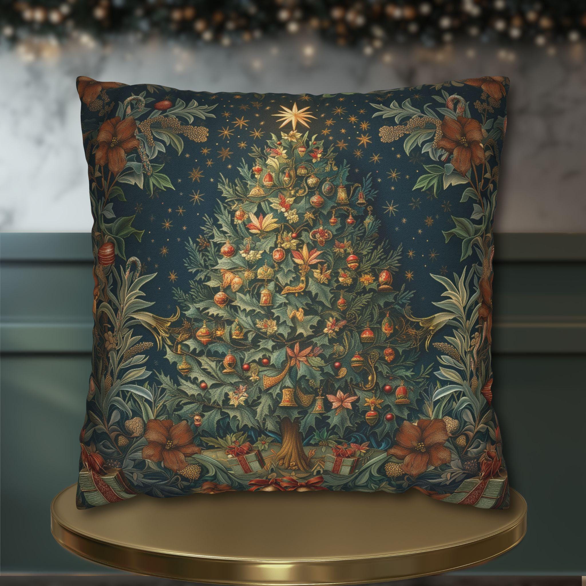 Elegant William Morris Inspired Christmas Tree Throw Pillow: Vintage Art Nouveau Holiday Home Decor