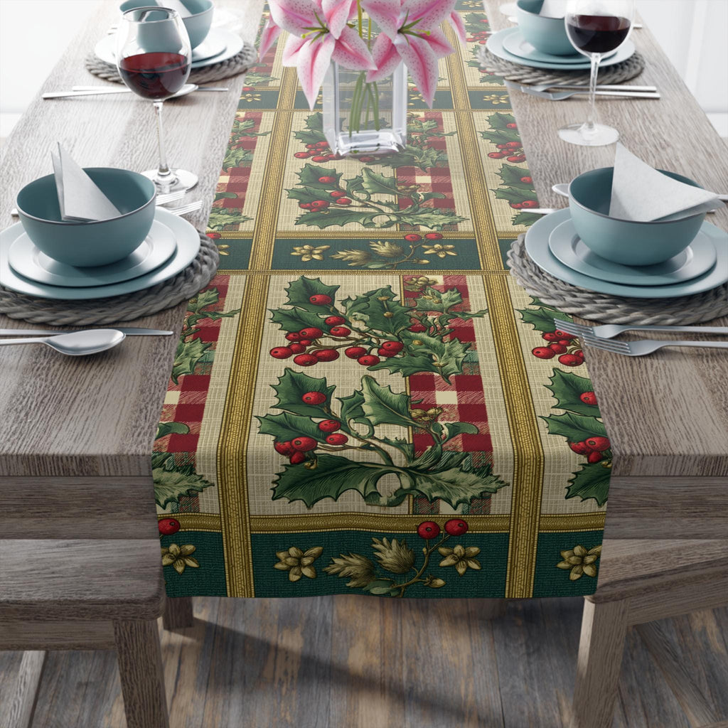 Gingham & Holly Christmas Table Runner: Classic Vintage Holiday Style with Stripes