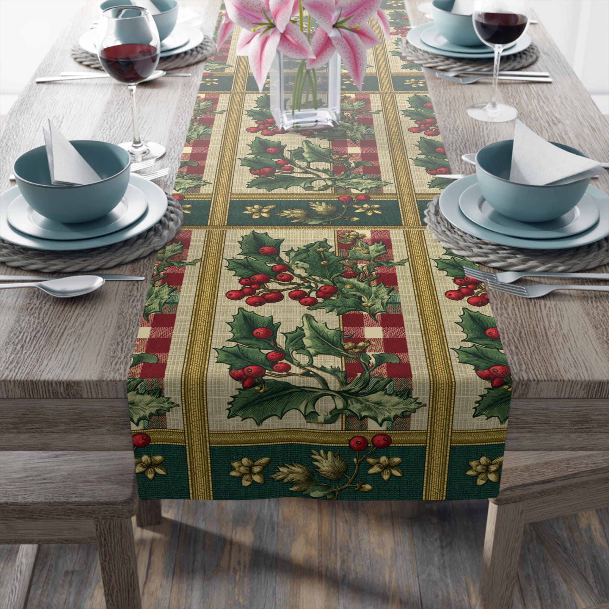 Gingham & Holly Christmas Table Runner: Classic Vintage Holiday Style with Stripes