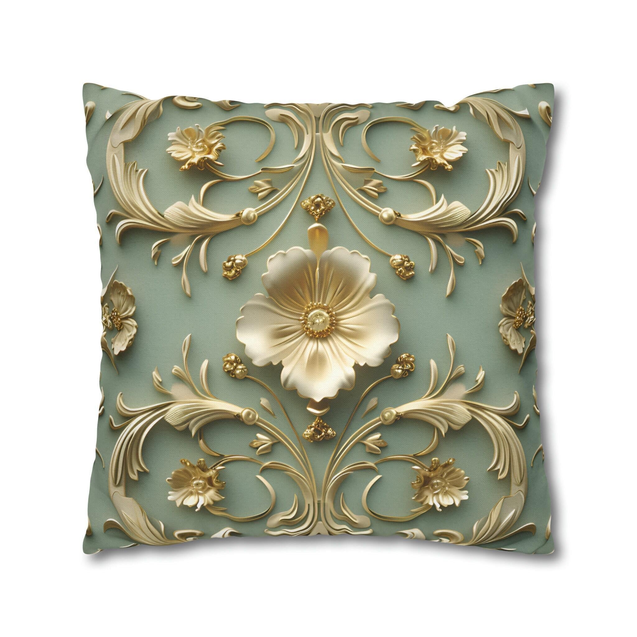 Elegant French Floral 3D Pillow Cover: Teal Blue & Gold Intricate Design for Classical Decor