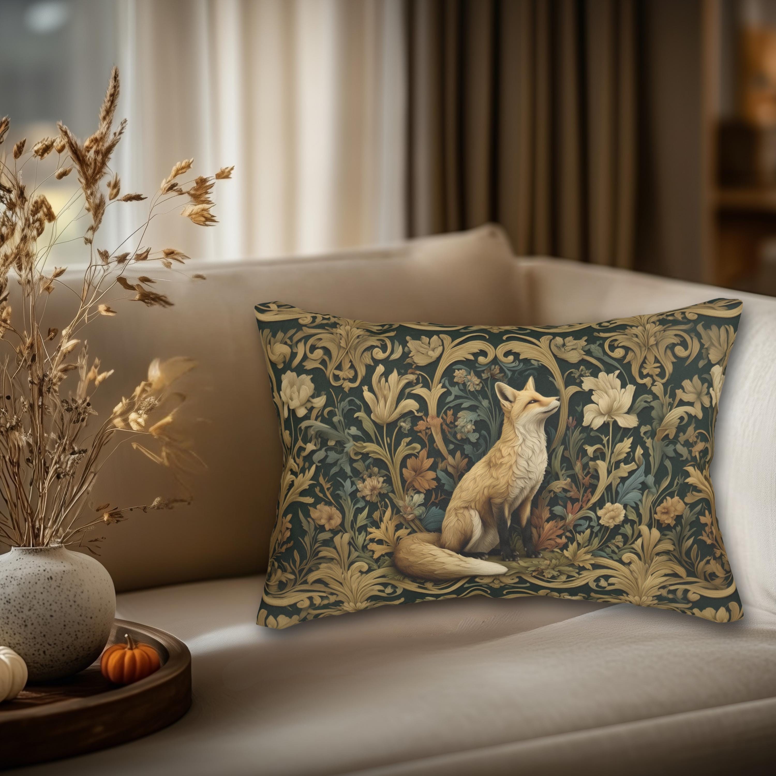 William Morris Fox Lumbar Pillow: Dark Woodland Botanical Arts & Crafts Decor