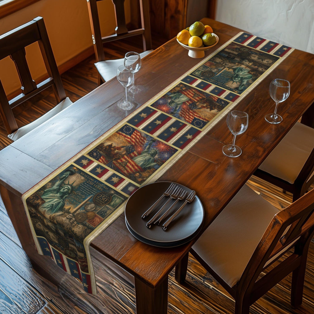 Patriotic Table Runner: USA 250th Anniversary Liberty and Justice Theme