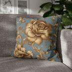 Floral Pillow Cover: Golden Roses on Blue - Soft Durable Fabric
