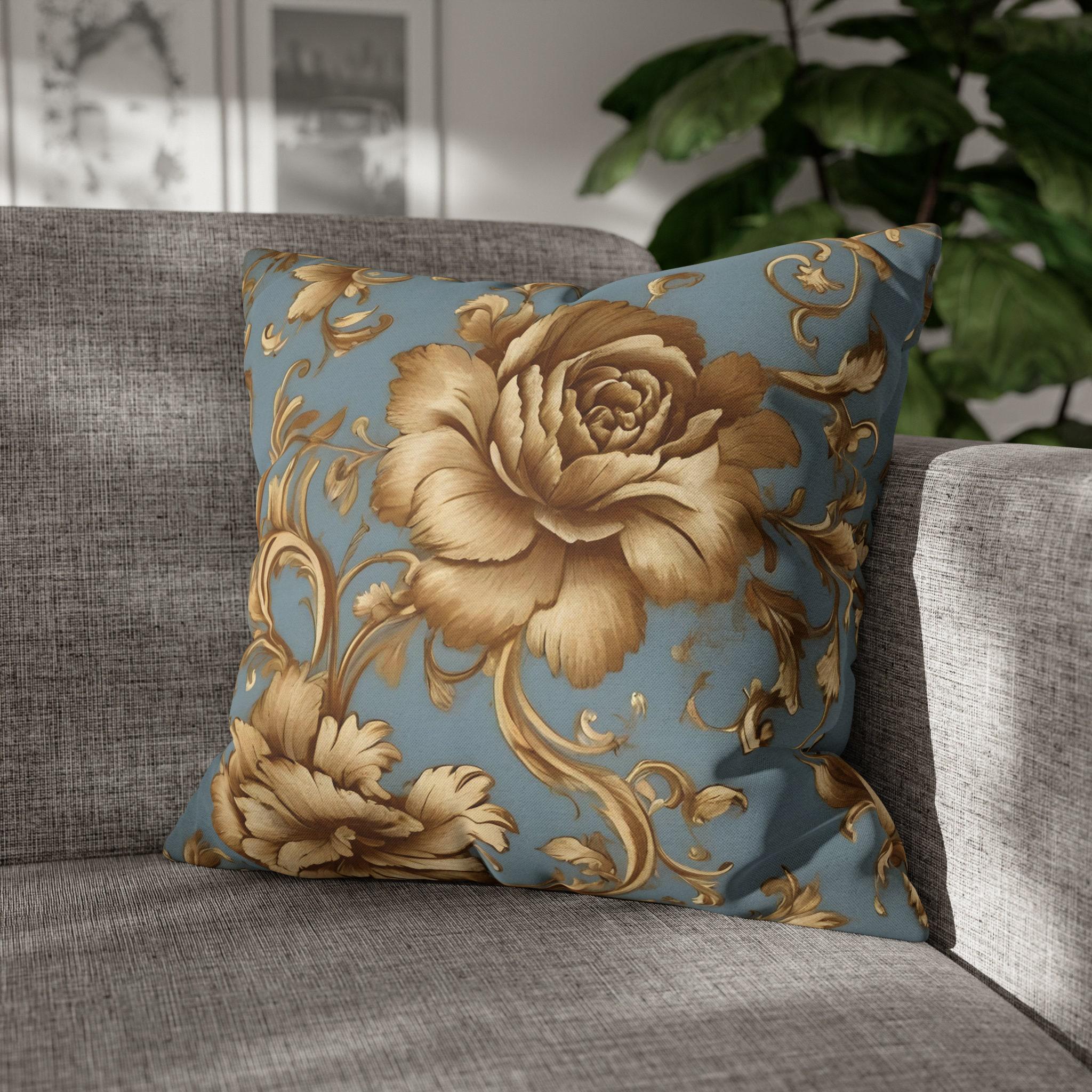Floral Pillow Cover: Golden Roses on Blue - Soft Durable Fabric