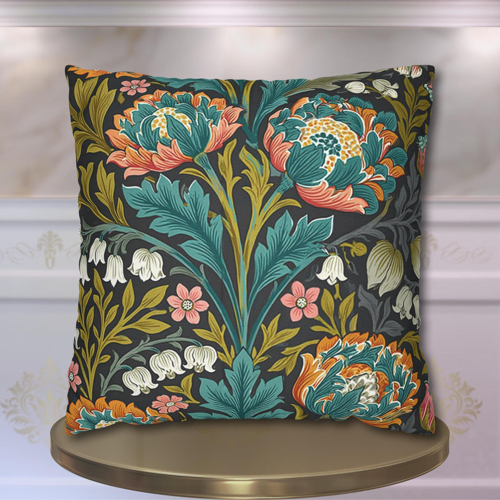 William Morris Style Throw Pillow Cover: Moody Teal Coral Botanical