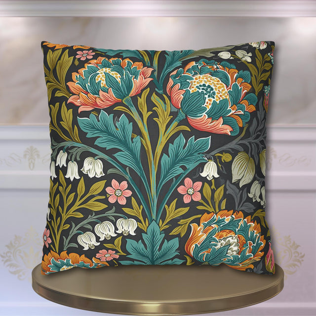 William Morris Style Throw Pillow Cover: Moody Teal Coral Botanical