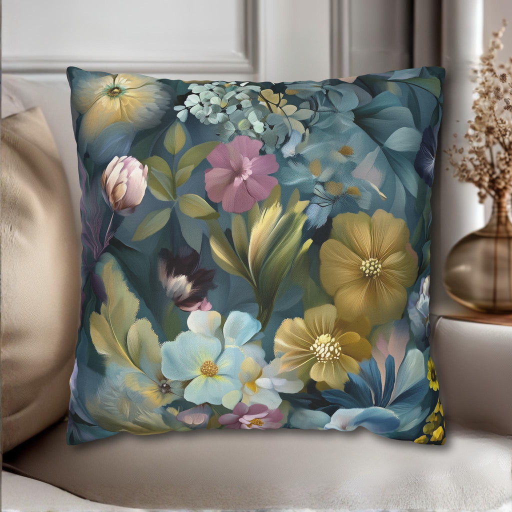 Twilight Garden Floral Pillow Cover: Painterly Moody Botanicals in Dusky Blue