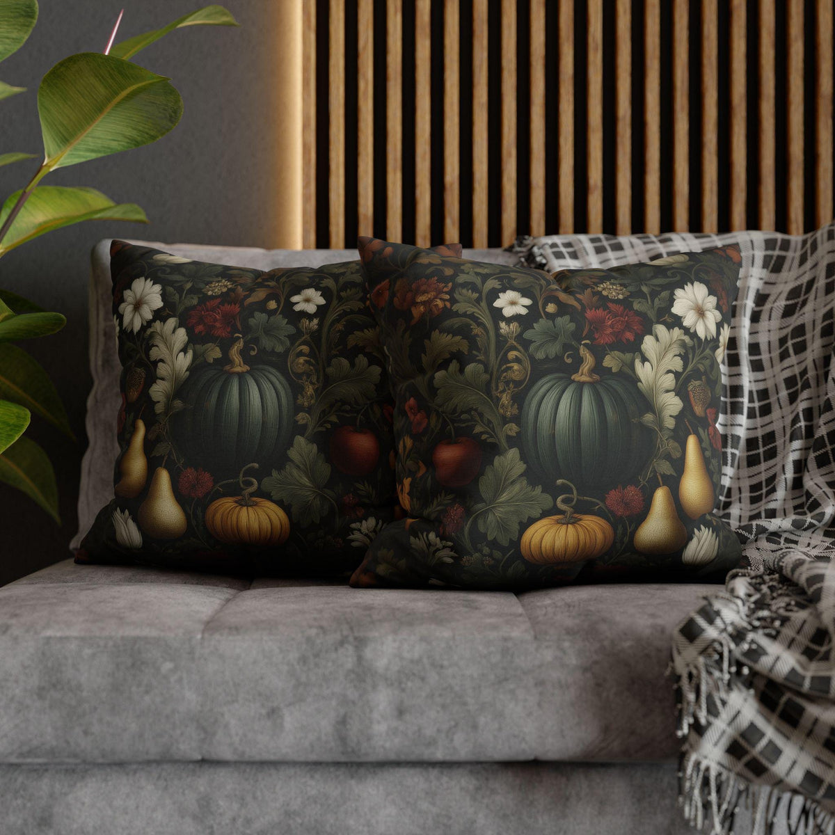 William Morris Inspired Pillow Cover: Midnight Harvest with Pumpkins, Pears & Florals