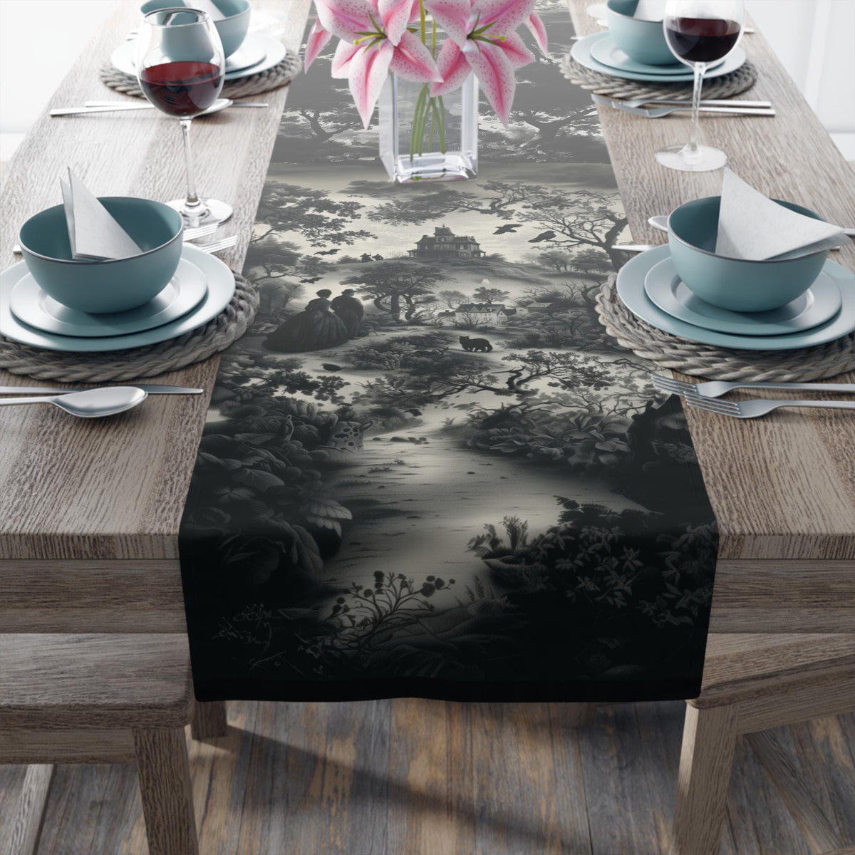 Halloween Toile Table Runner: Haunted House, Crows, and Black Cat in Monochrome