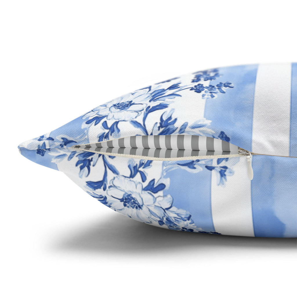 French Country Pillowcase: Blue & White Floral Striped Cushion Cover