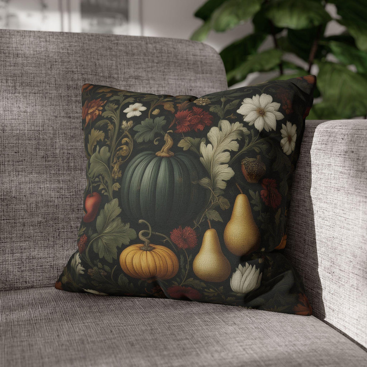William Morris Inspired Pillow Cover: Midnight Harvest with Pumpkins, Pears & Florals