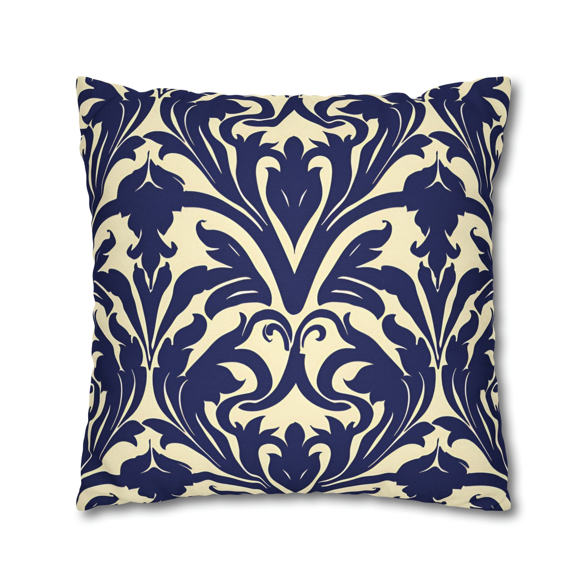 Art Nouveau Floral Pillow Cover, Deep Blue on Off-White