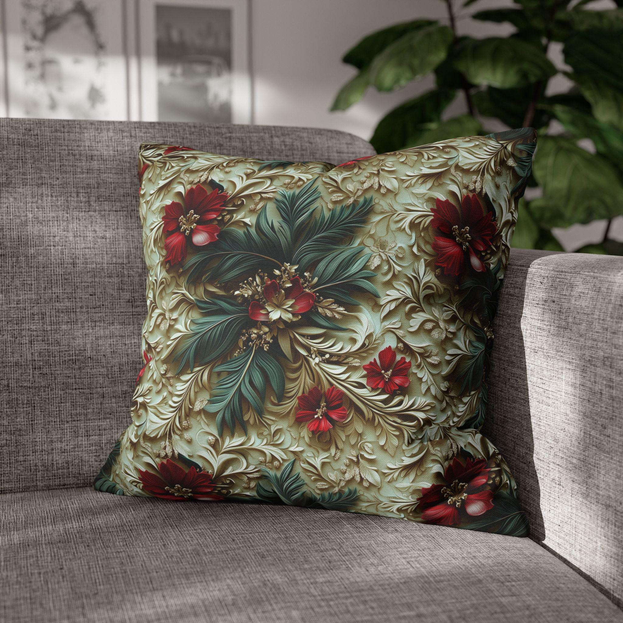 Elegant Christmas Poinsettia Pillowcase: Luxurious Floral Holiday Decor with Beige Background