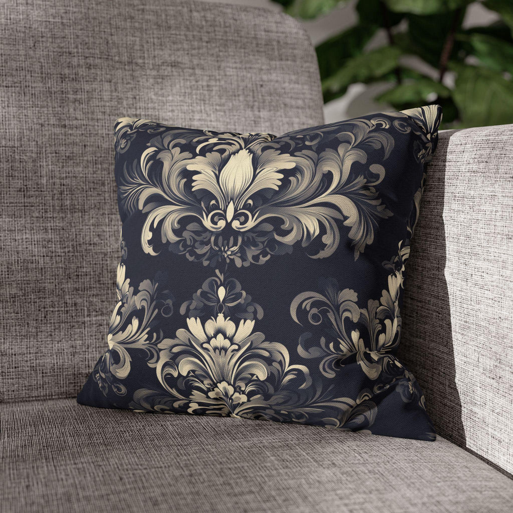 Damask Inspired Pillow Cover, Opulent Floral Scroll Motif, Luxury Ivory & Blue Square Pillowcase