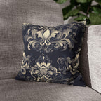 Damask Inspired Pillow Cover, Opulent Floral Scroll Motif, Luxury Ivory & Blue Square Pillowcase
