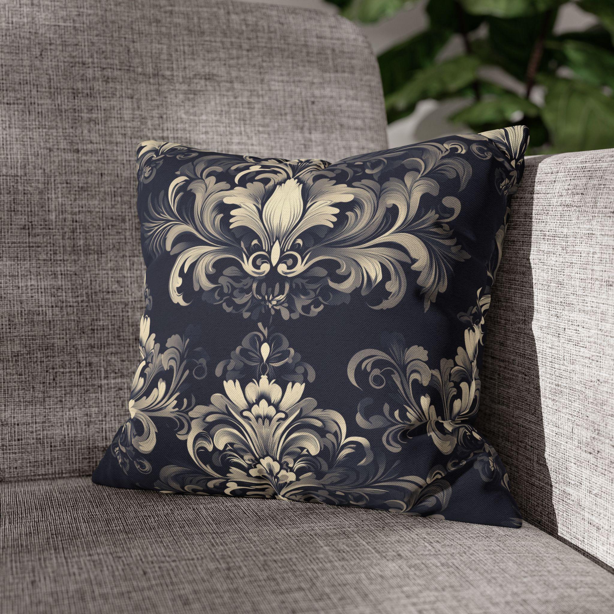 Damask Inspired Pillow Cover, Opulent Floral Scroll Motif, Luxury Ivory & Blue Square Pillowcase
