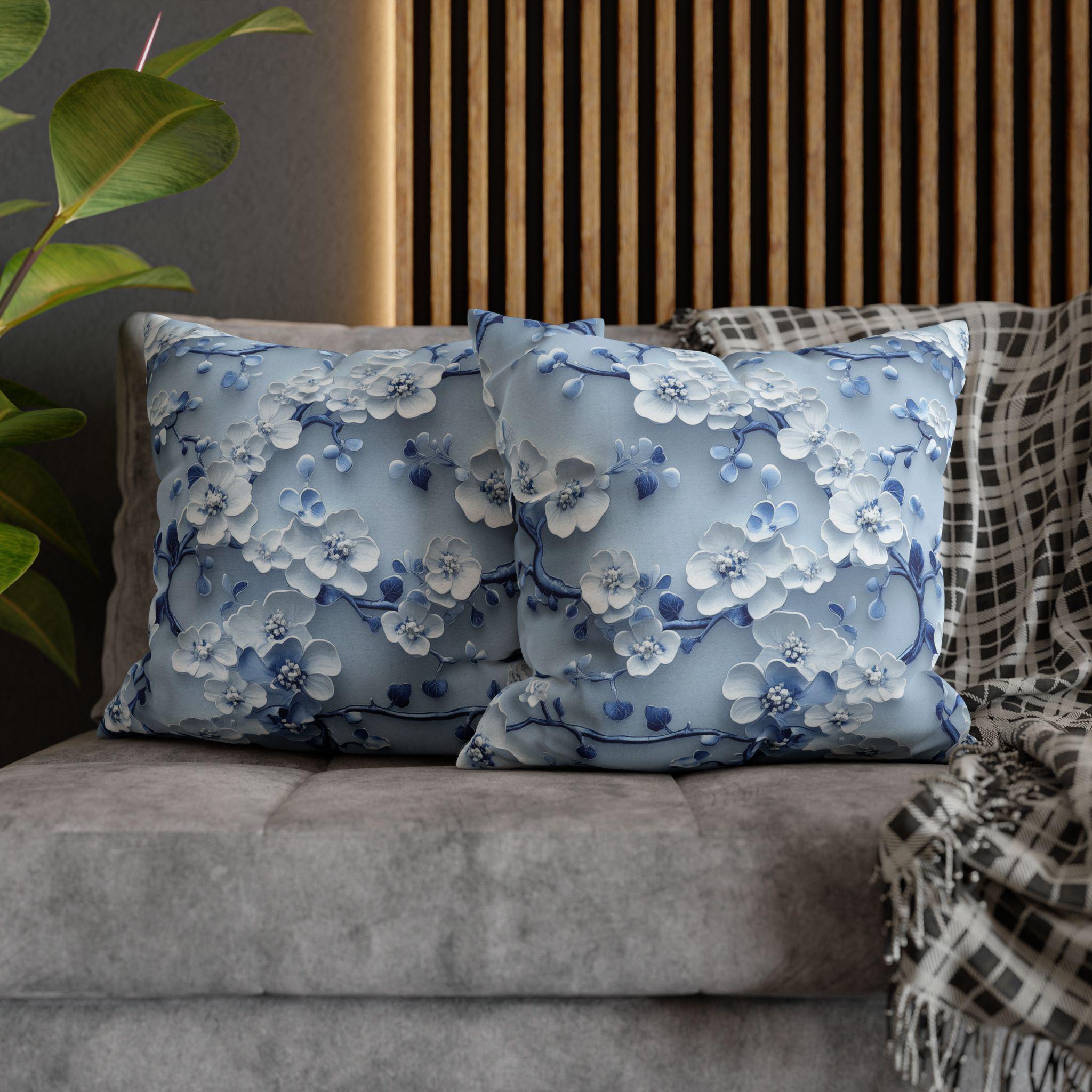 Elegant Blue & White Chinoiserie Cherry Blossom Pillow Cover | Asian-Inspired Floral Home Decor