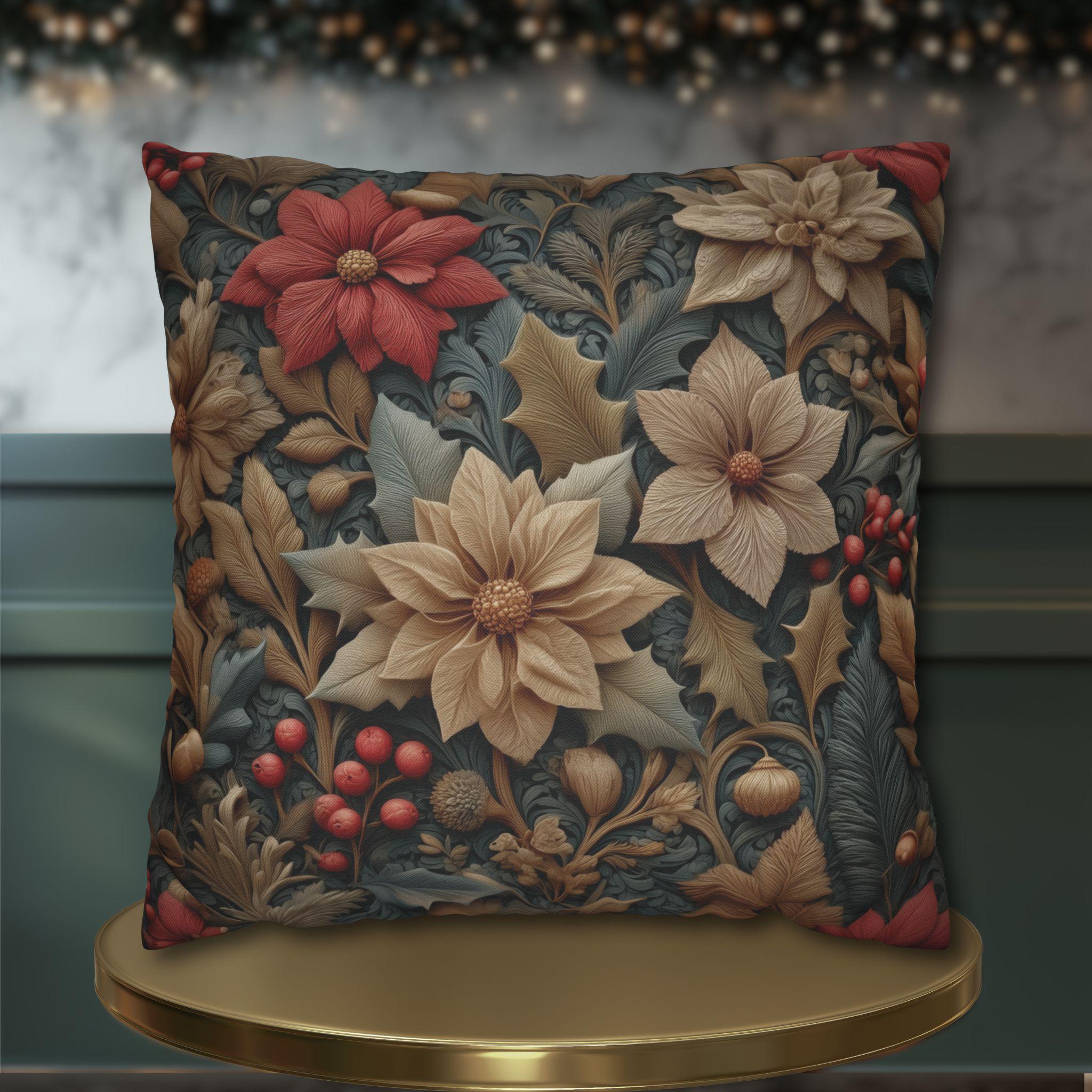 William Morris Christmas Pillow Cover: Wine & Pale Taupe Poinsettias with Clay on Gray Background