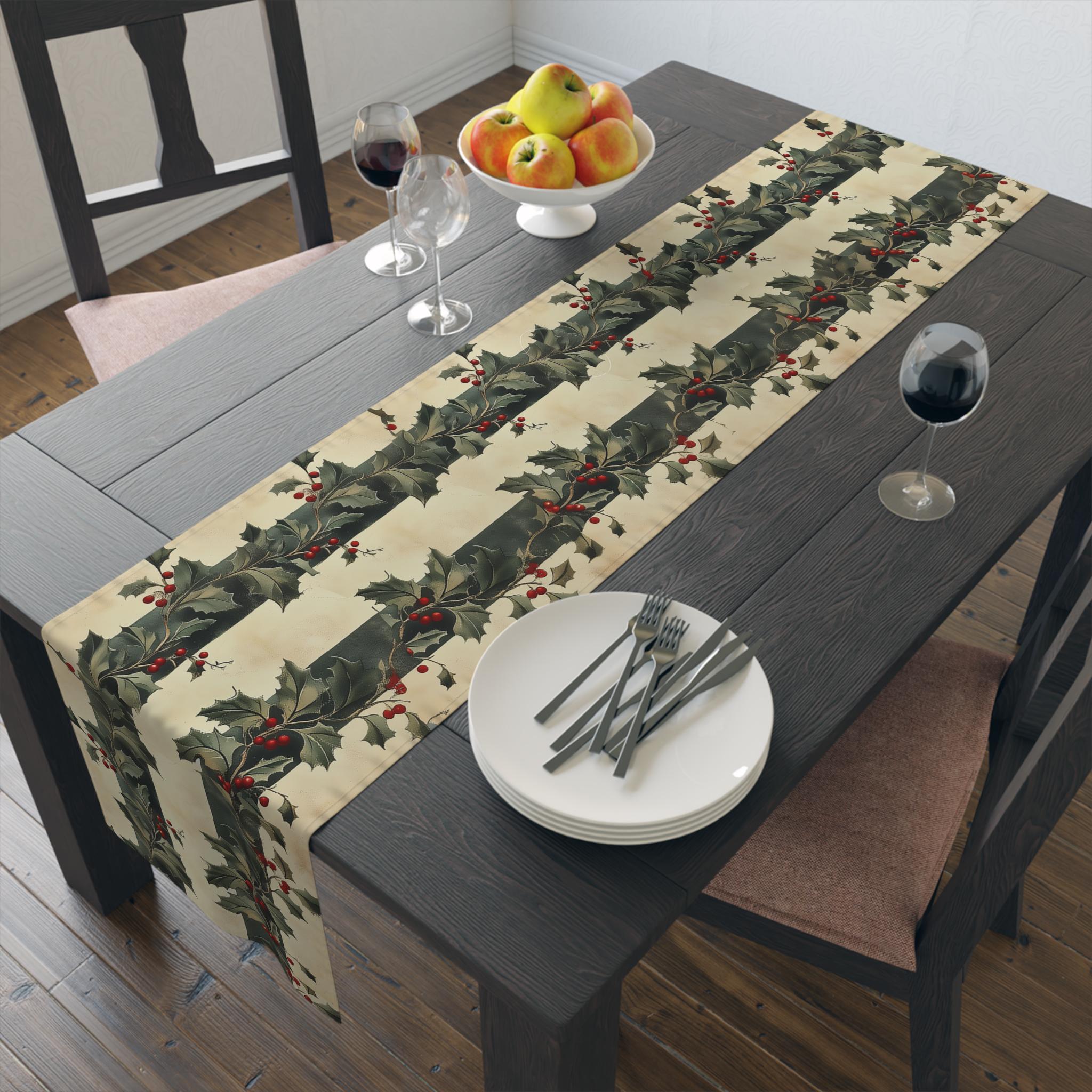 Classic Vintage Style Holly & Stripes Table Runner: Botanical Winter Holiday Dining Decor