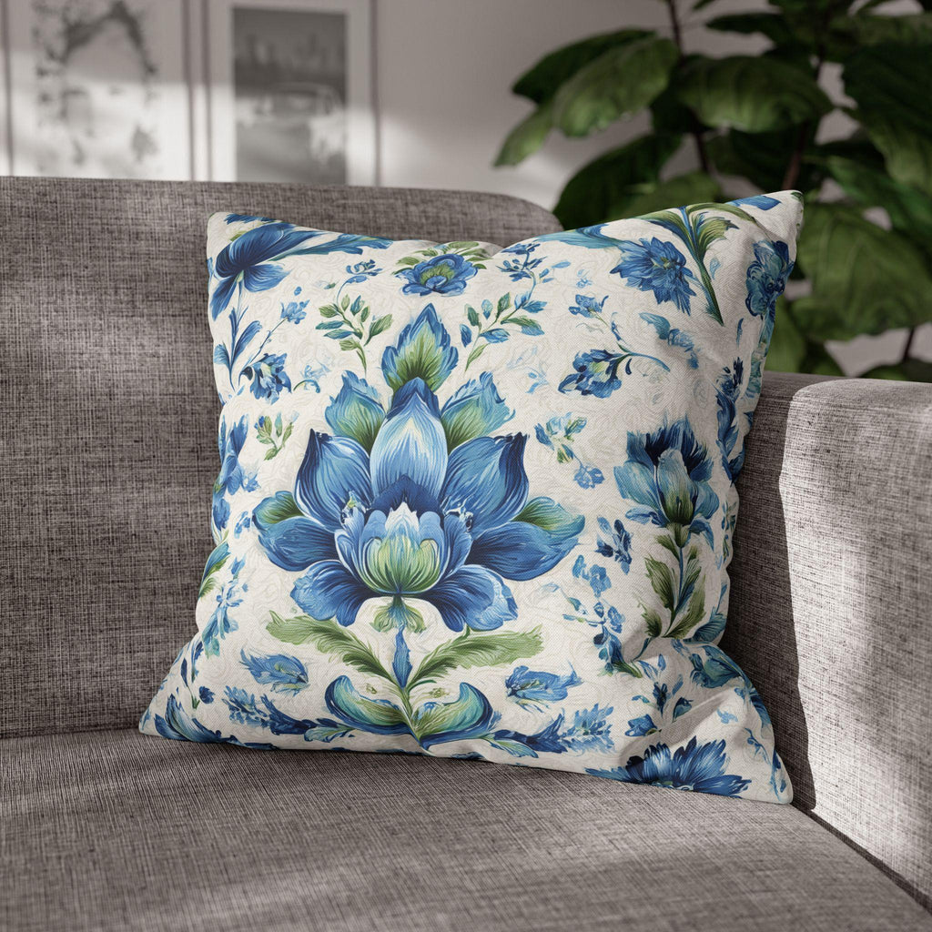 Jacobean Floral Pillow Cover: Blue-Green Botanical Cushion Cover with Modern Traditional Fusion Design