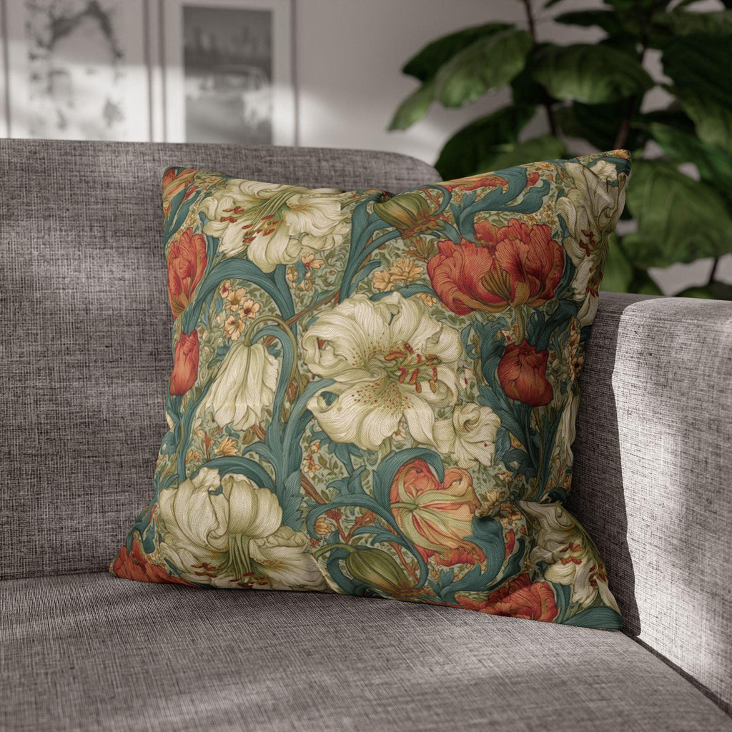 William Morris Style Pillow Cover: Ivory and Coral Lilies on a Celadon Background