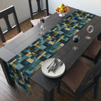 Geometric Abstract Table Runner: Blue and Earth Tones, Modern Rustic Decor, Hand-painted Effect