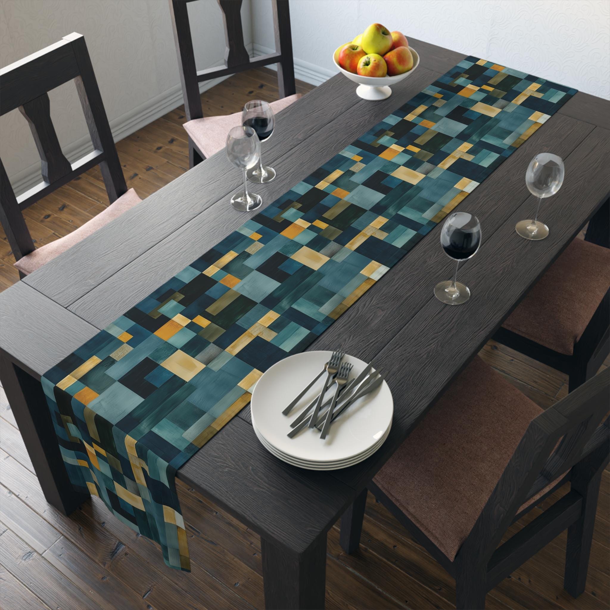 Geometric Abstract Table Runner: Blue and Earth Tones, Modern Rustic Decor, Hand-painted Effect