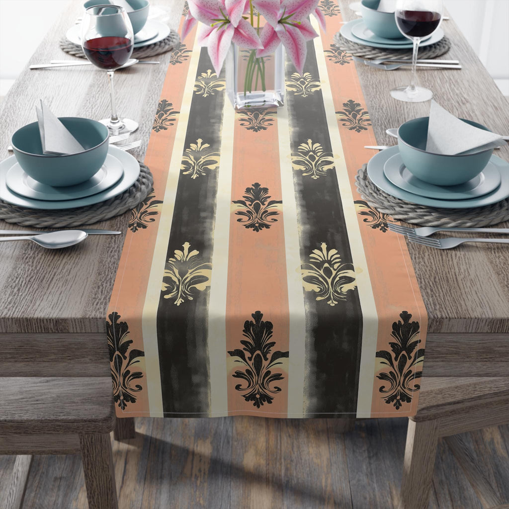 Elegant Patriotic Farmhouse Table Runner: Red, White & Navy Stripes with Gold Damask Floral Motifs