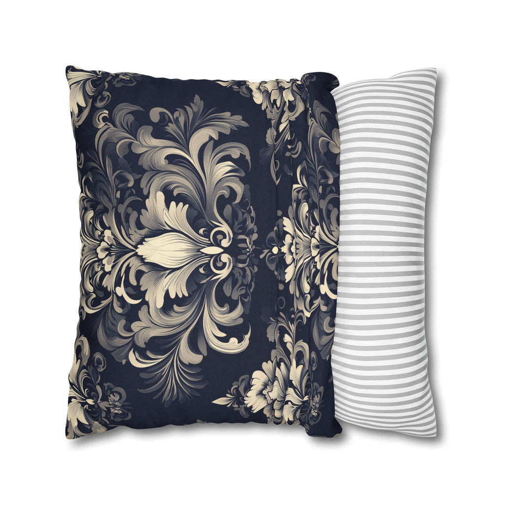 Damask Inspired Pillow Cover, Opulent Floral Scroll Motif, Luxury Ivory & Blue Square Pillowcase