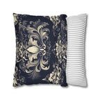 Damask Inspired Pillow Cover, Opulent Floral Scroll Motif, Luxury Ivory & Blue Square Pillowcase