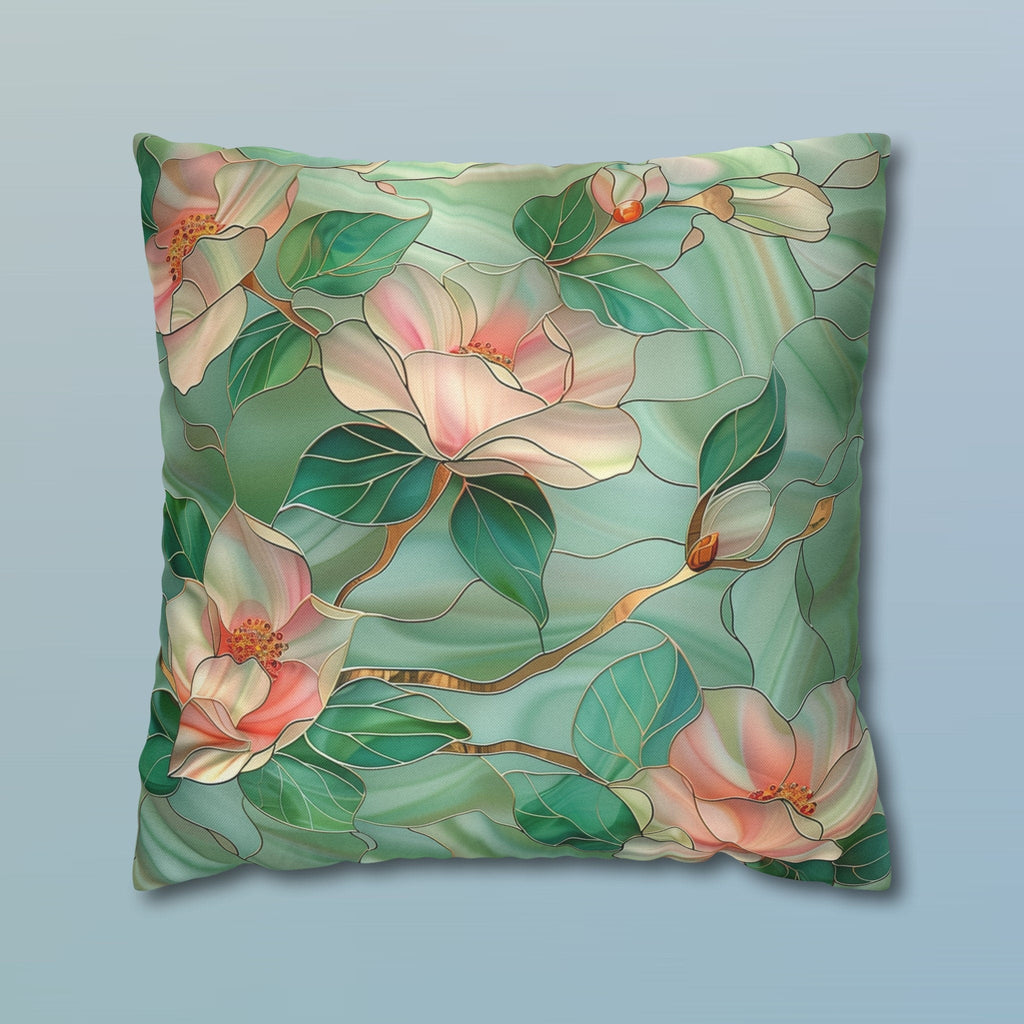 Luminous Green Chinoiserie Pillow Cover: Pink Magnolia Stained Glass Art for Home Decor