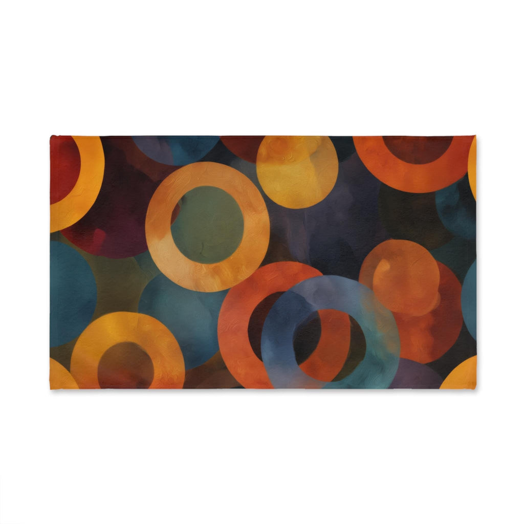 Retro Bold Circle Pattern Hand Towel: Burnt Orange, Gold, Teal on Black Background