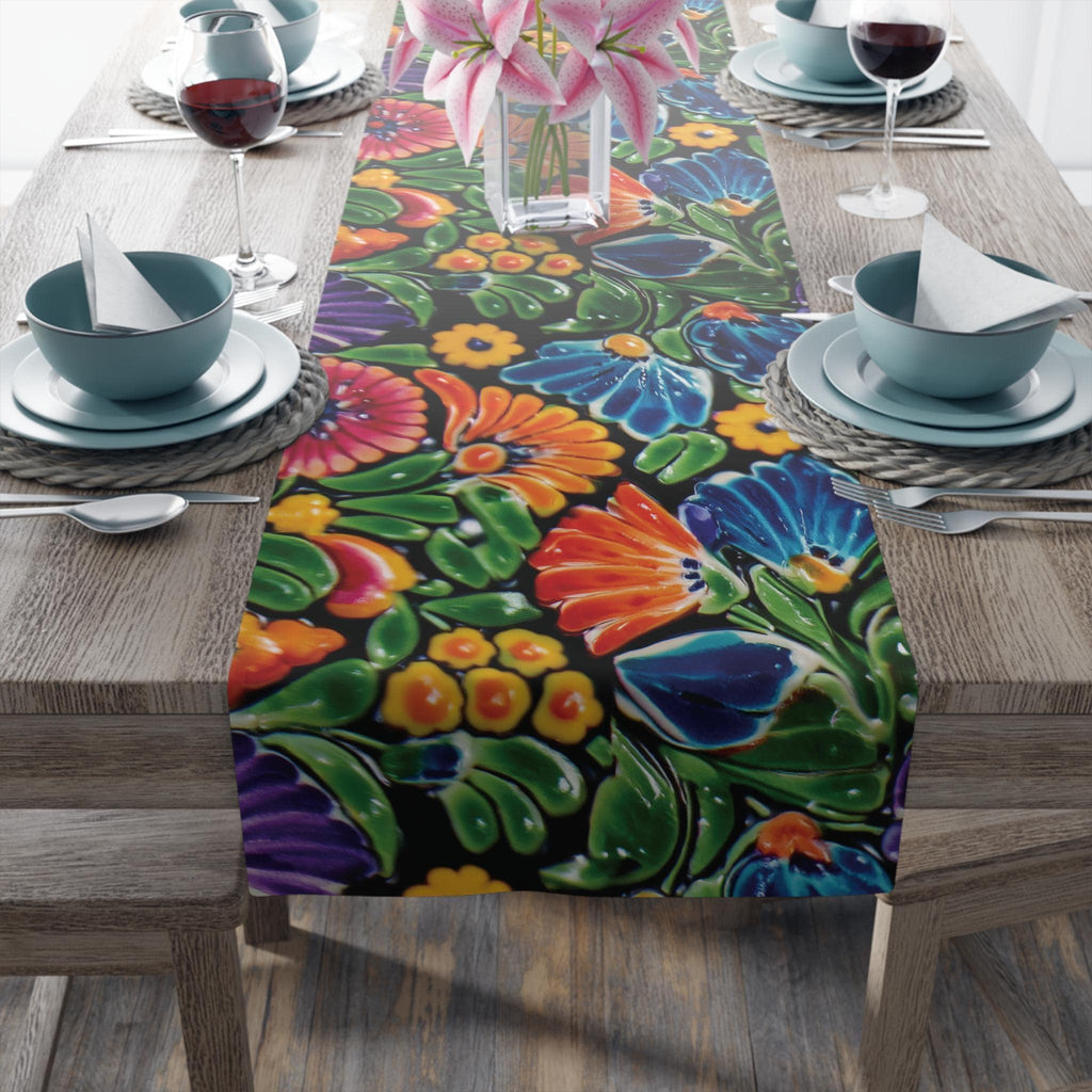 Mexican Table Runner: Bright Floral Folk Art on Black Background