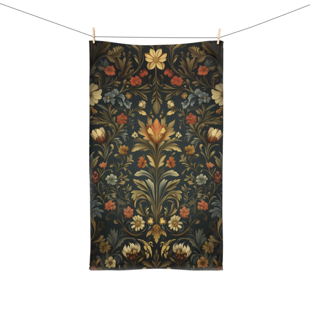 Vintage-Inspired William Morris Botanical Hand Towel: Autumn Floral Tapestry on Dark Background