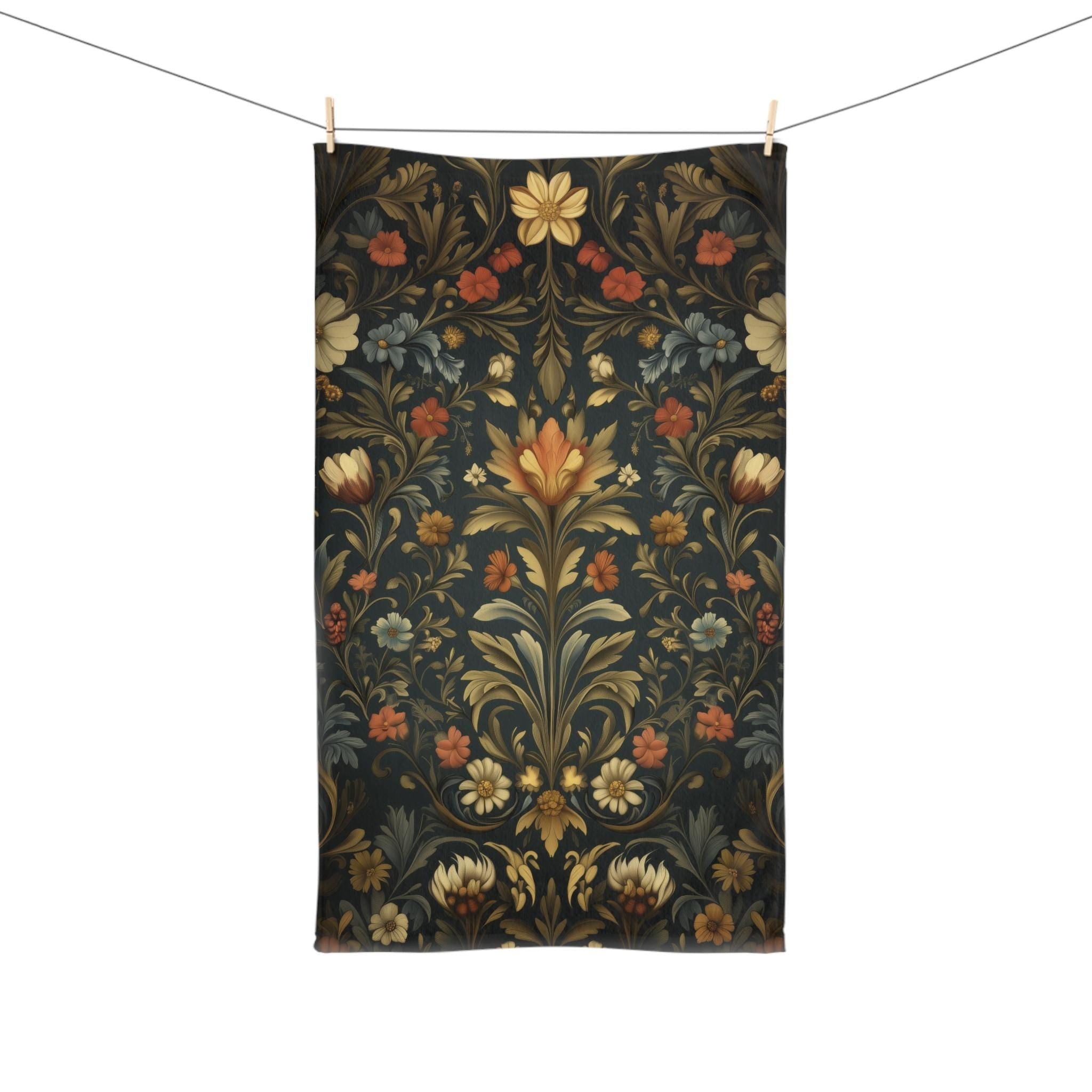 Vintage-Inspired William Morris Botanical Hand Towel: Autumn Floral Tapestry on Dark Background