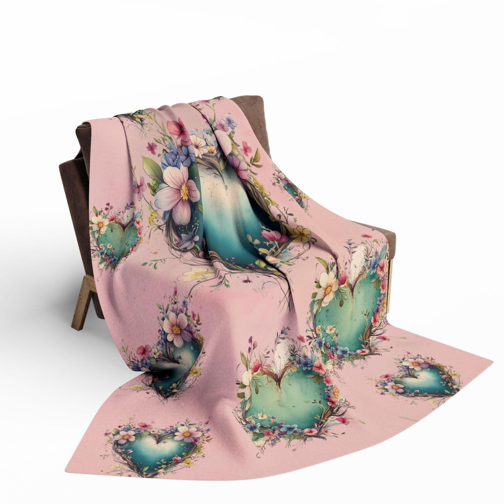 Romantic Floral Heart Wreath Fleece Blanket: Teal & Blush Pink Throw for Cozy Home Decor