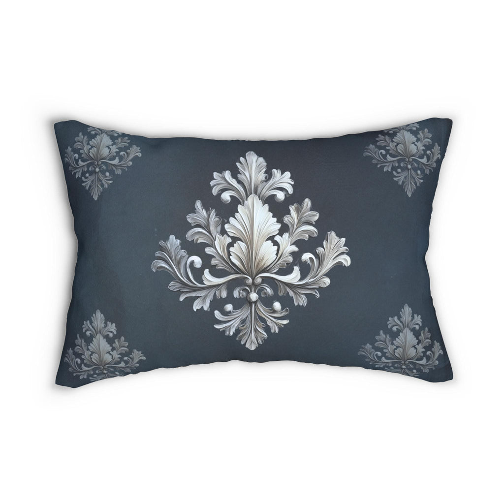 Damask Lumbar Pillow: Navy Blue & Silver Acanthus Leaf Design