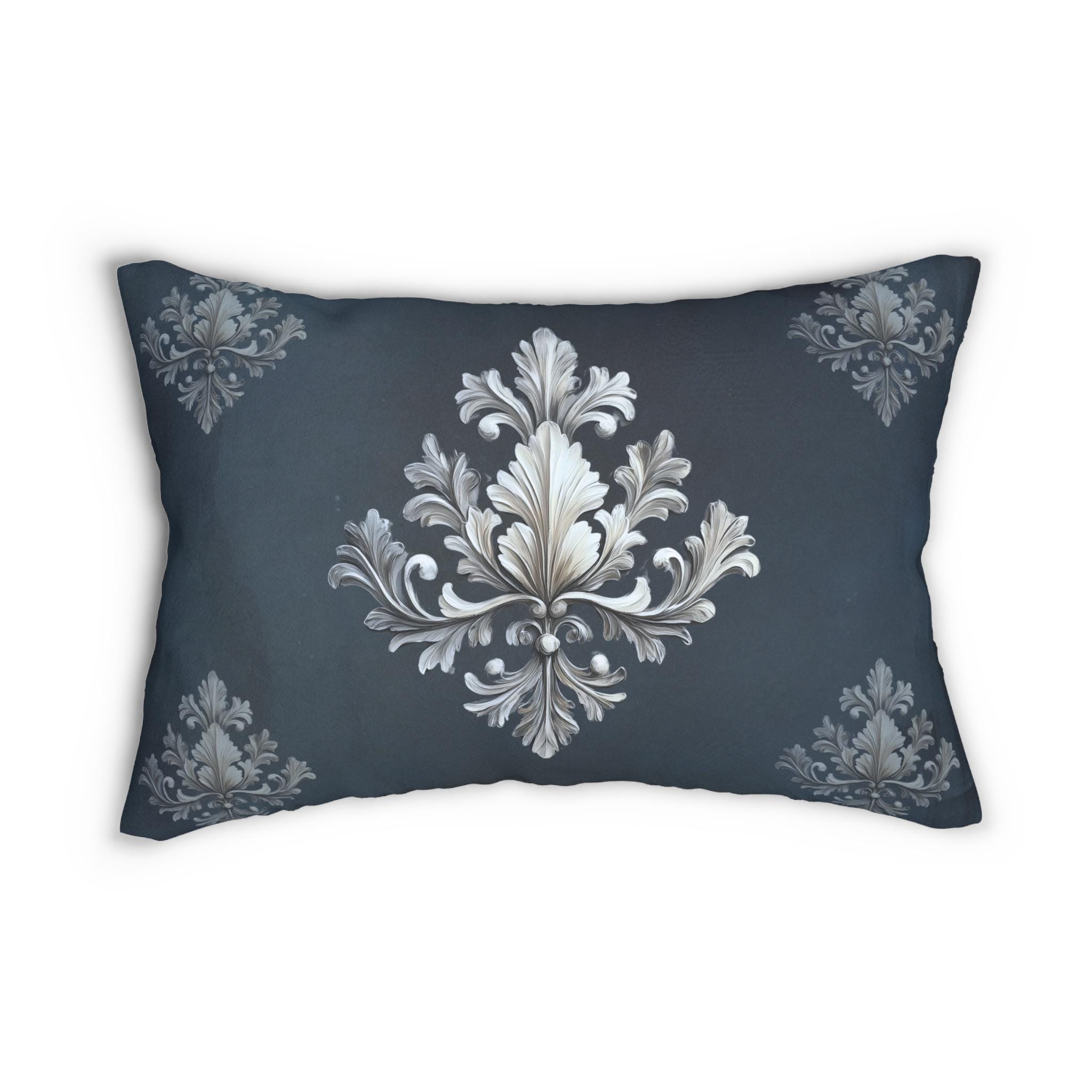 Damask Lumbar Pillow: Navy Blue & Silver Acanthus Leaf Design