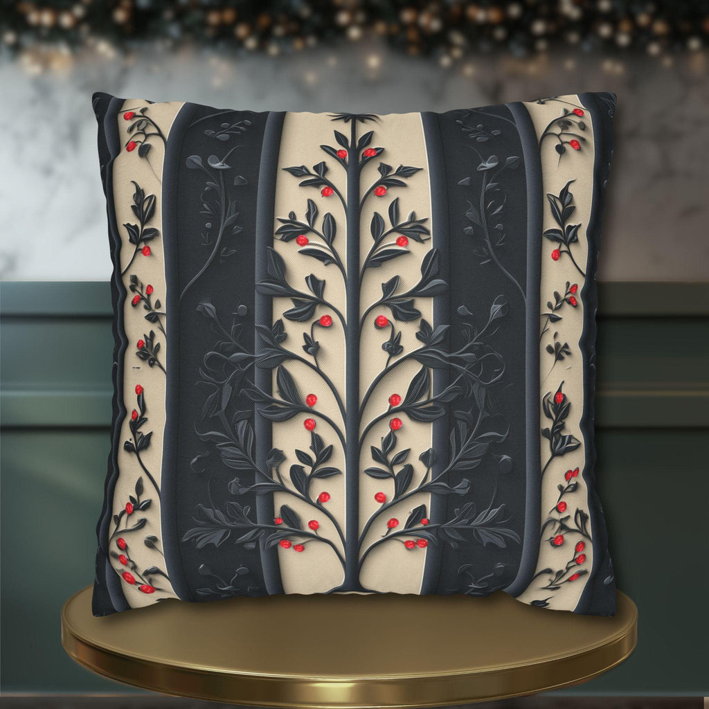 William Morris Christmas Pillow Cover: Charcoal-Navy & Ivory Stripes with Red Berries