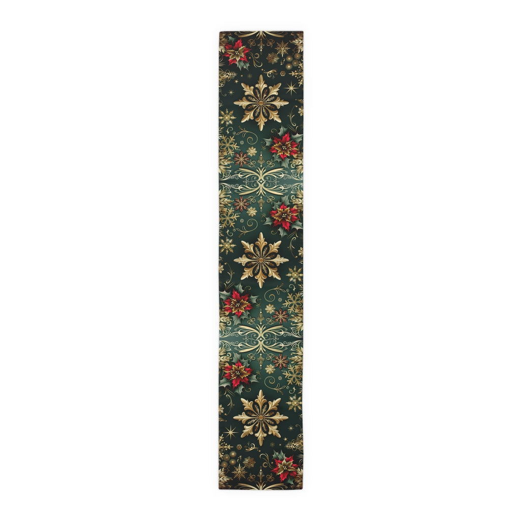Poinsettia Christmas Table Runner: Emerald, Gold Snowflakes, Holiday Dining