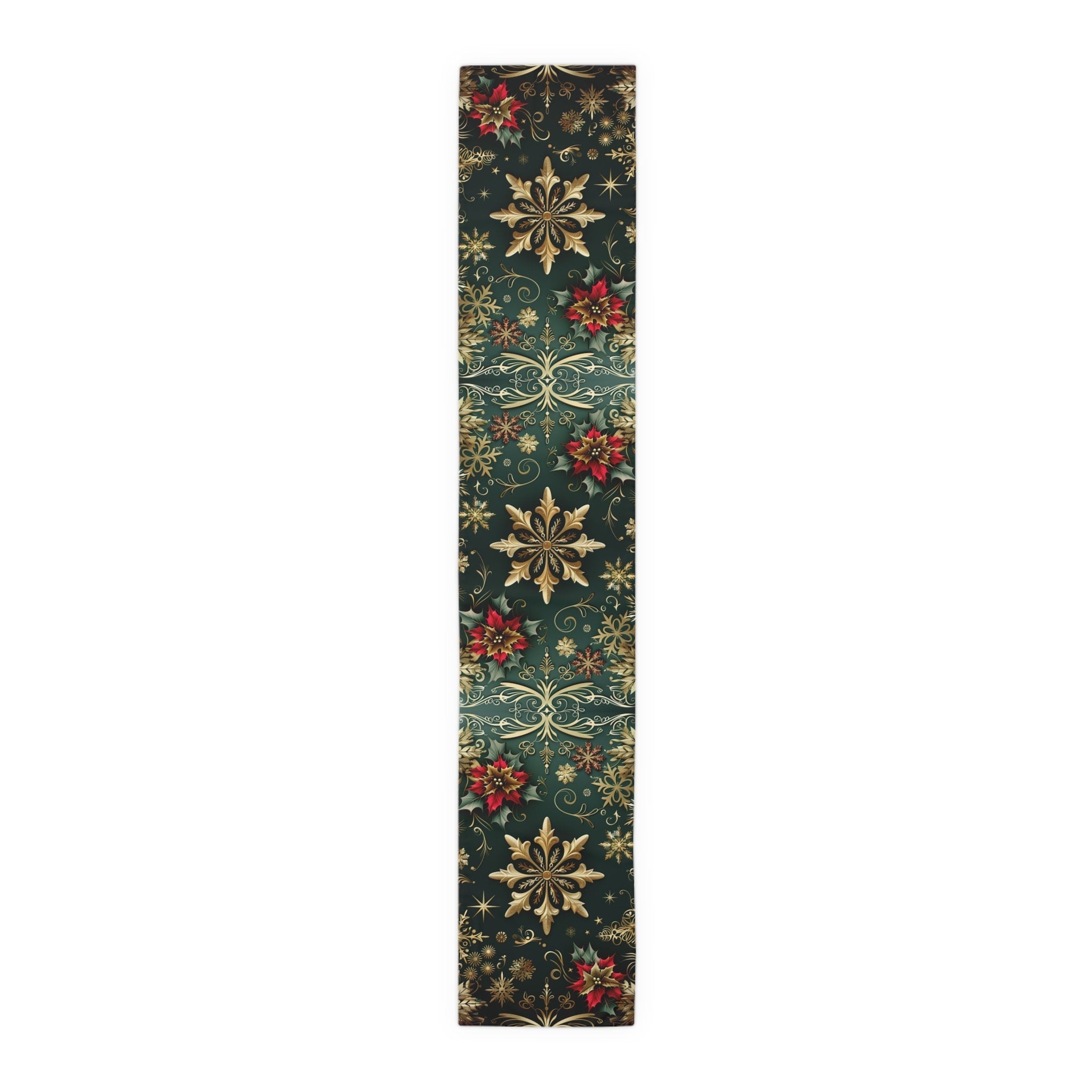 Poinsettia Christmas Table Runner: Emerald, Gold Snowflakes, Holiday Dining