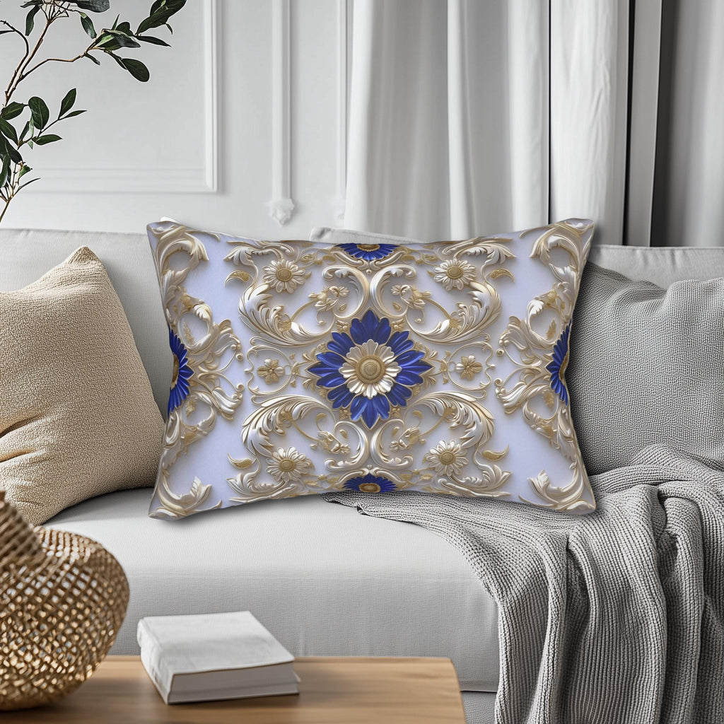 Elegant Baroque Cobalt Blue Lumbar Pillow with Silver-Gray and Gold Accents - Classic Grandeur Design