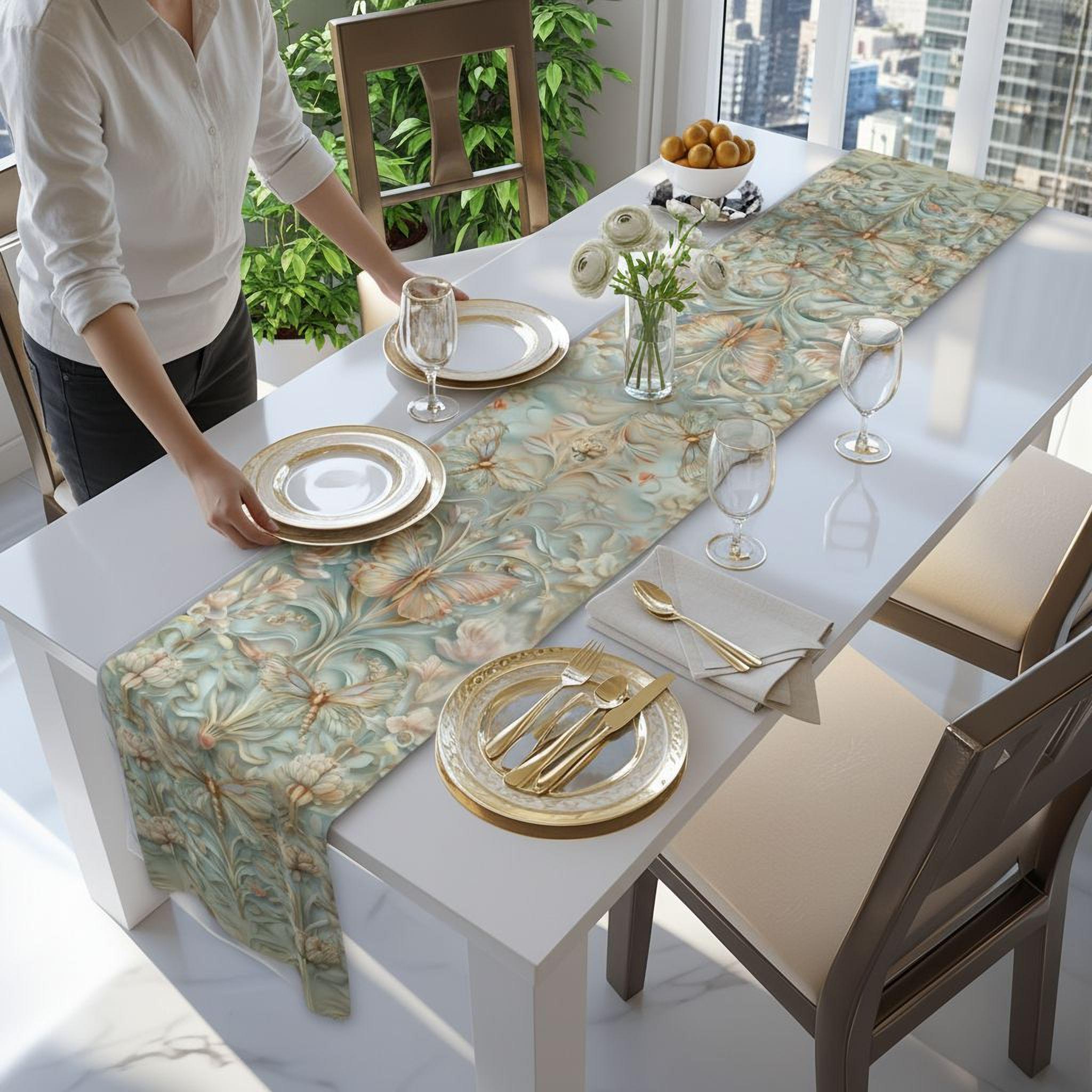 William Morris Table Runner: Celadon Aqua Pastel Floral Butterfly Design