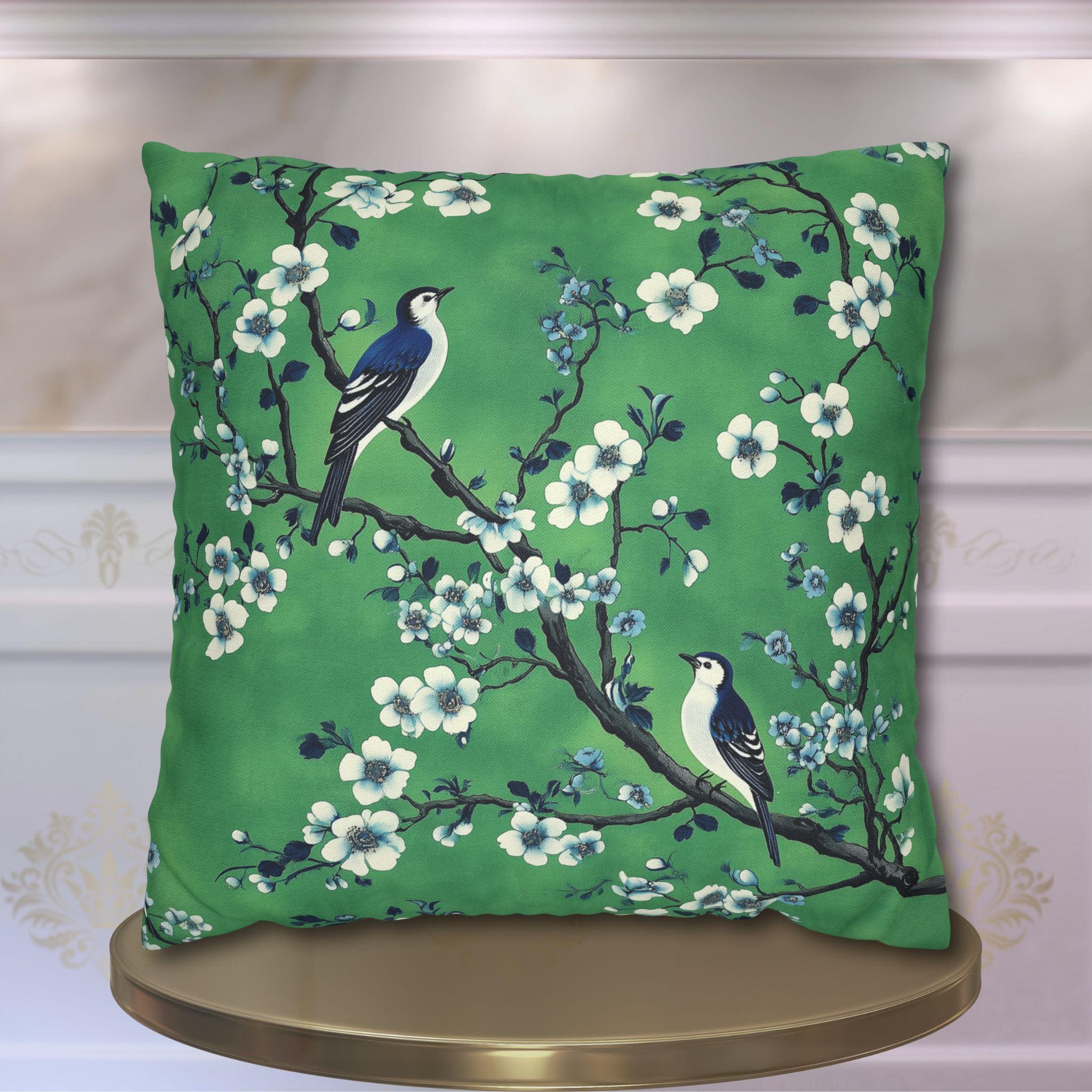 Chinoiserie Bird Floral Pillow Cover: Elegant Green & Blue Botanical Cushion Case for Vintage Decor