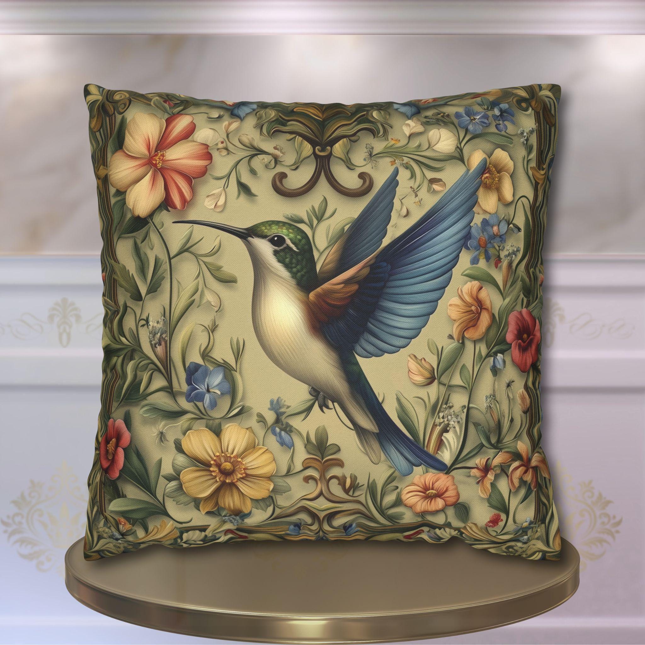 William Morris Inspired Hummingbird Garden Pillow Cover: Vintage Floral Aviary Cushion for Home Decor