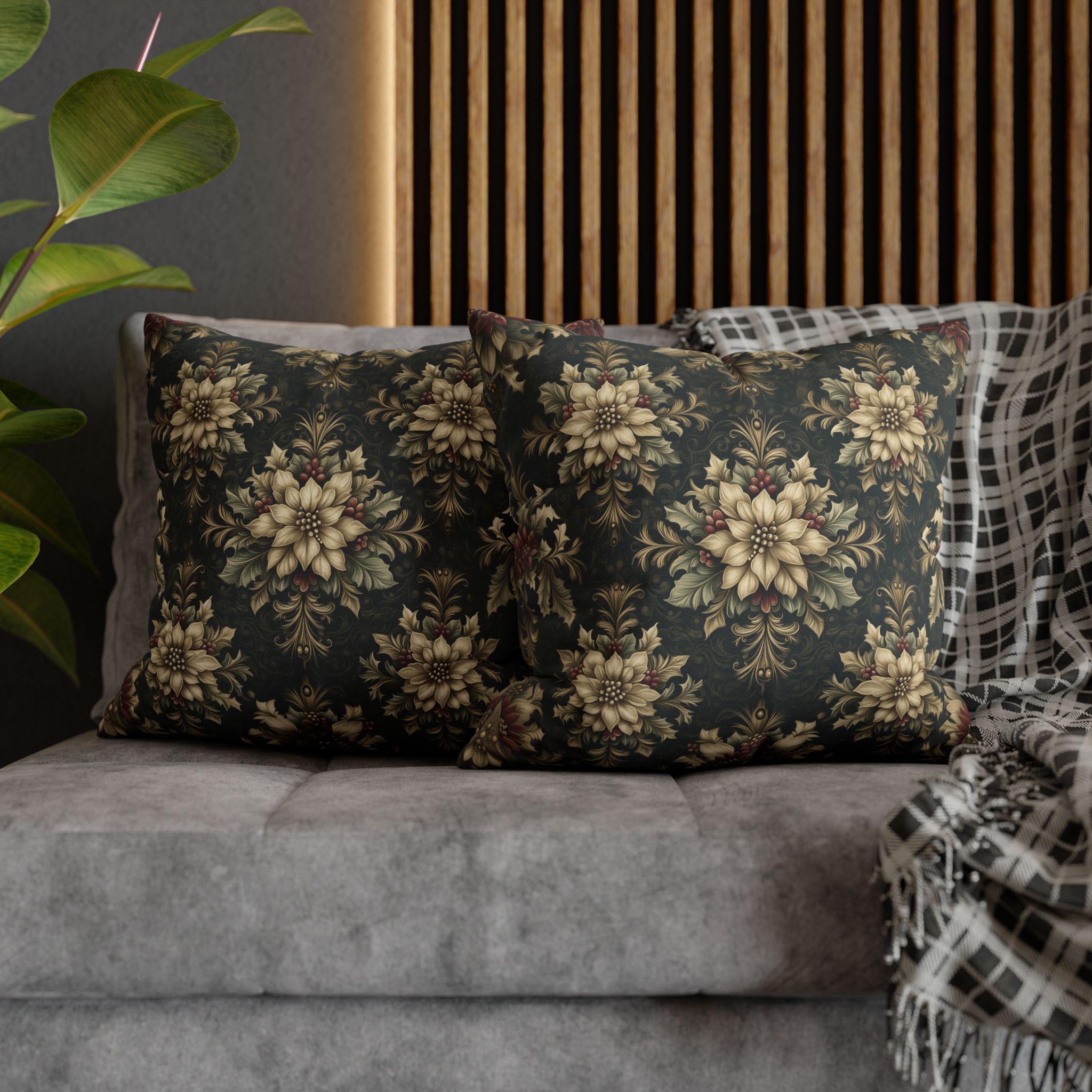 William Morris Christmas Pillow Cover: Ivory Poinsettia and Holly Repeating Pattern on Midnight Green